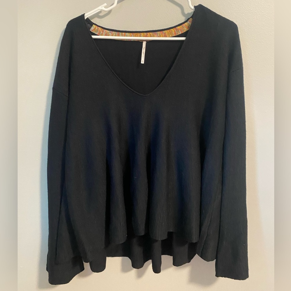 NWT Free People Black V-Neck Women's Top with Bell Sleeves - Small